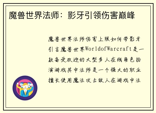 魔兽世界法师：影牙引领伤害巅峰