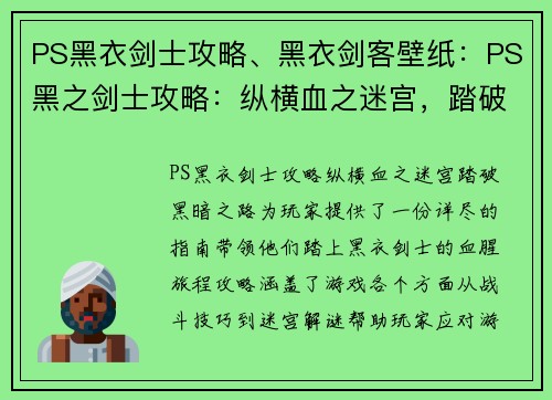 PS黑衣剑士攻略、黑衣剑客壁纸：PS黑之剑士攻略：纵横血之迷宫，踏破黑暗之路