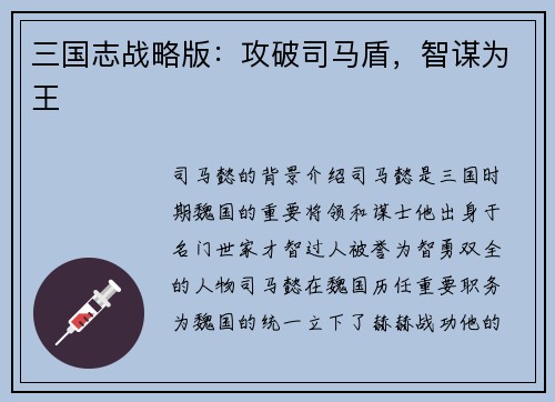 三国志战略版：攻破司马盾，智谋为王